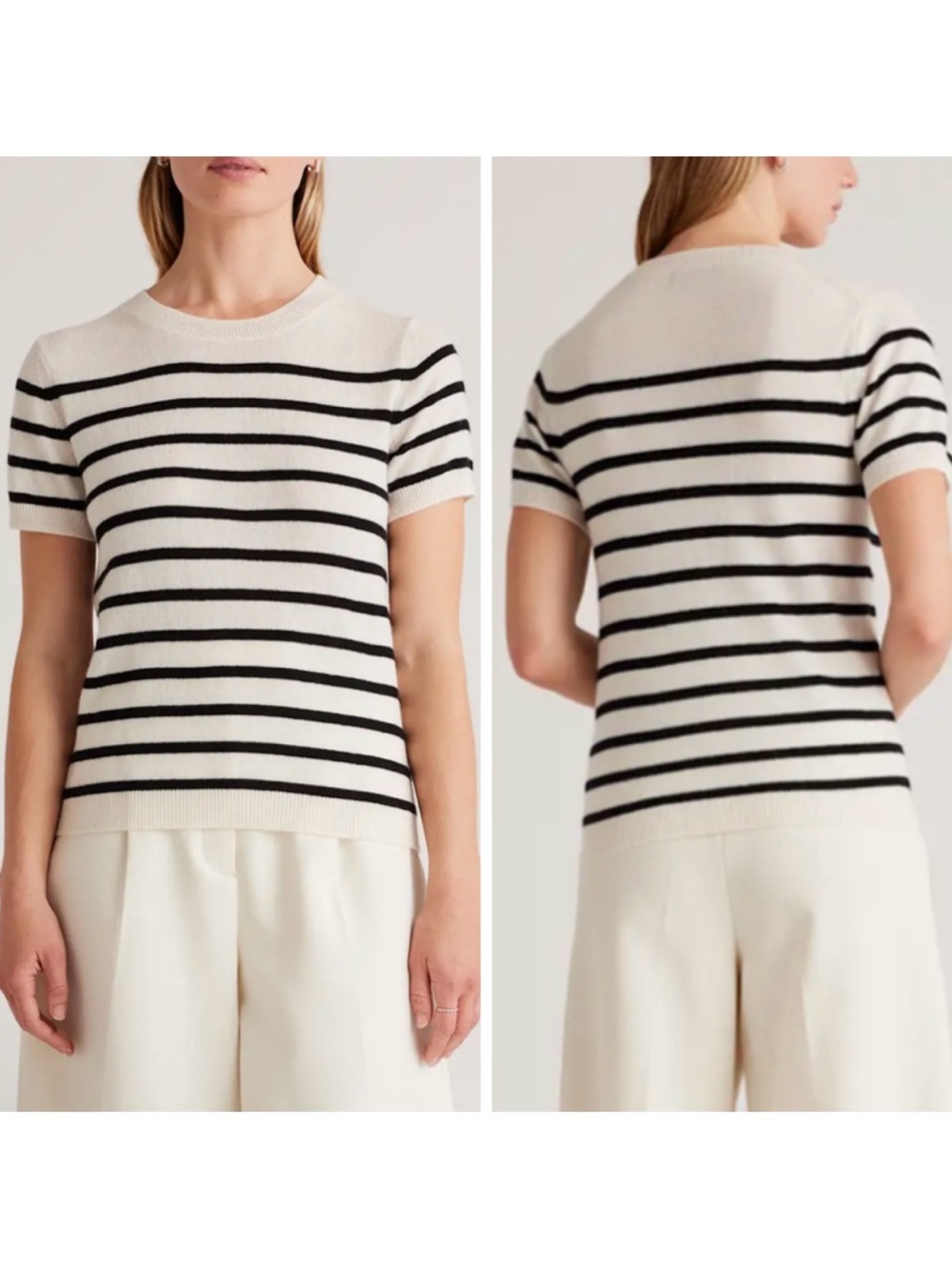 Quince 100% Mongolian Cashmere Sweater Tee Ivory & Black Stripe Small EUC